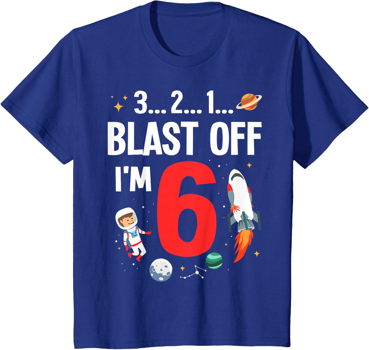 Funny 6th Birthday Gift Boys 6 Years Old Outer Space Rocket T-Shirt - Royal Blue