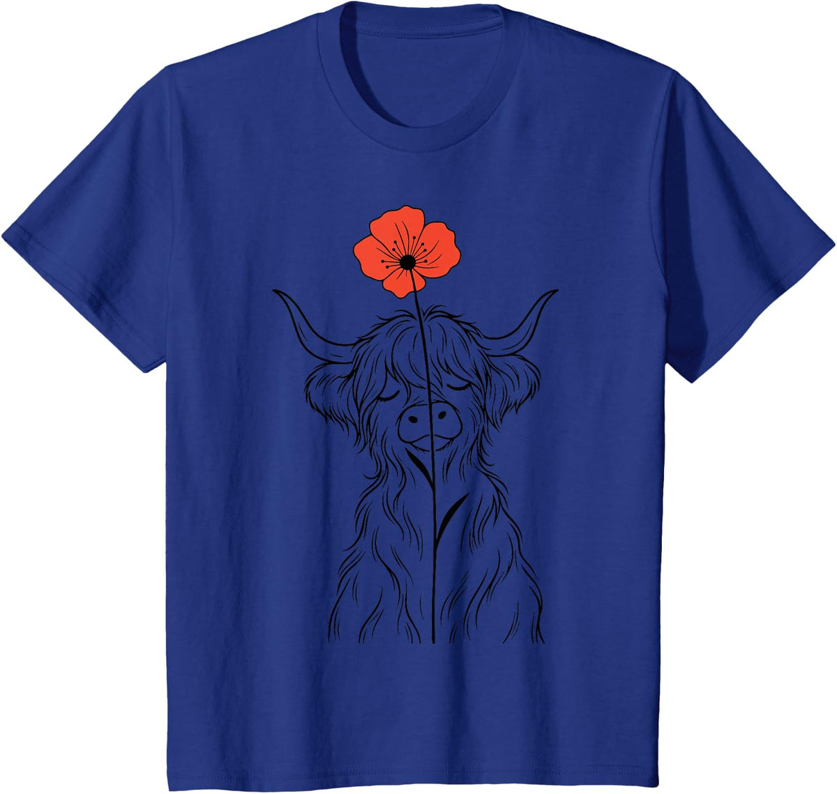 Cute Highland Cow Flower T-Shirt - Royal Blue