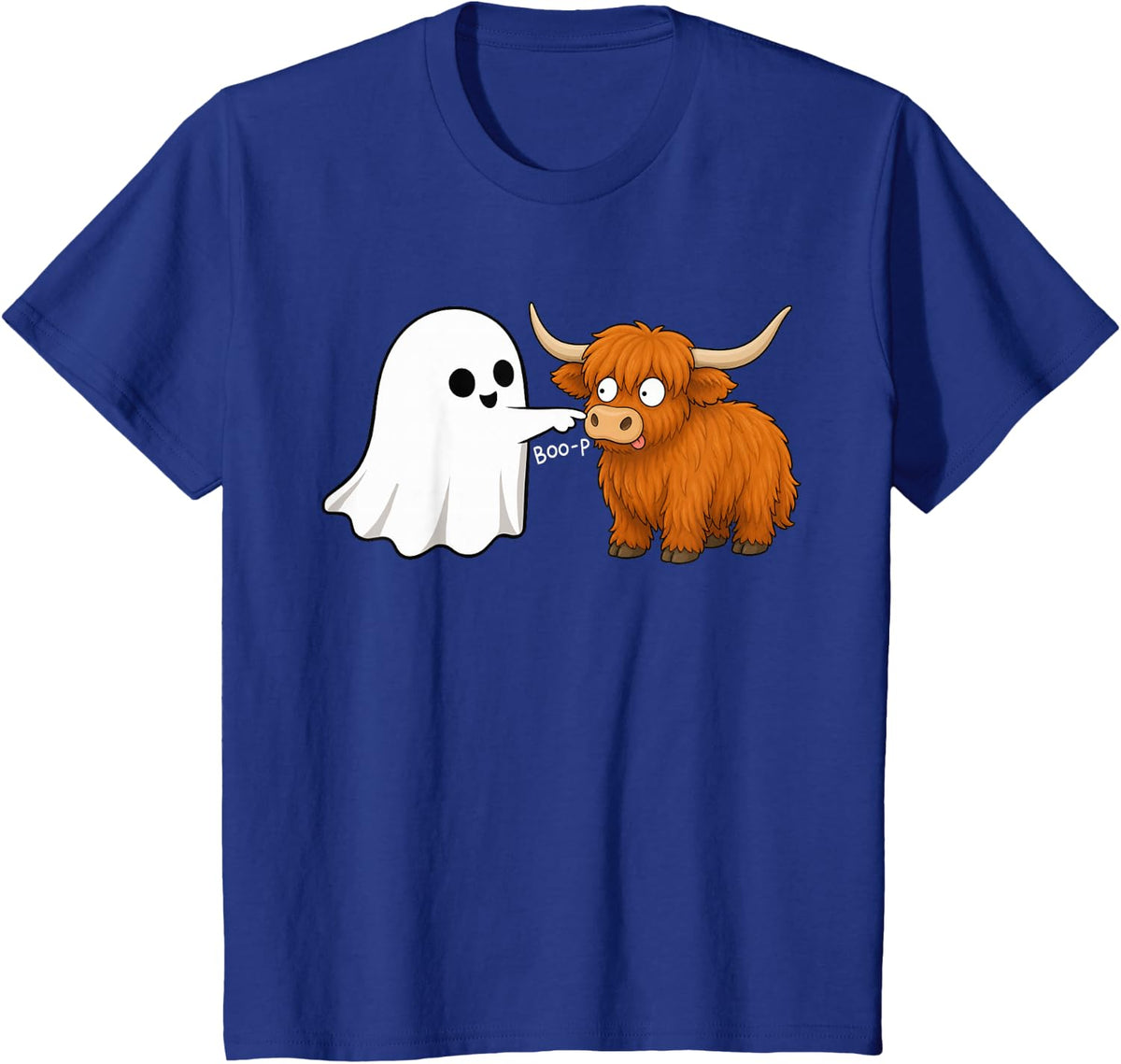 Cute Scottish Highland Cow Boop Ghost Halloween T-Shirt - Royal Blue
