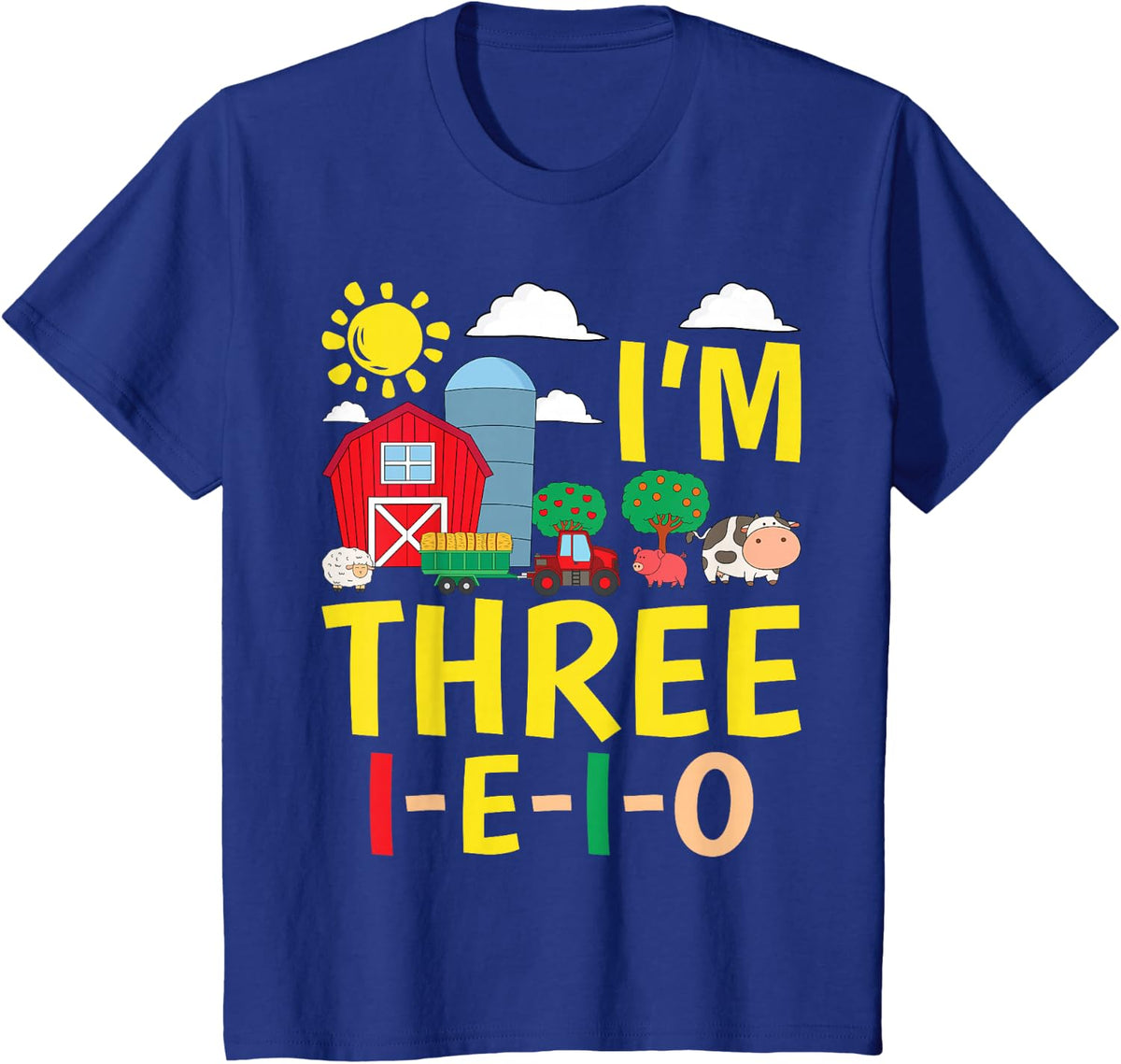 Kids I'm Three I-E-I-O 3 Years Old Farm Animal Birthday T-Shirt - Royal Blue