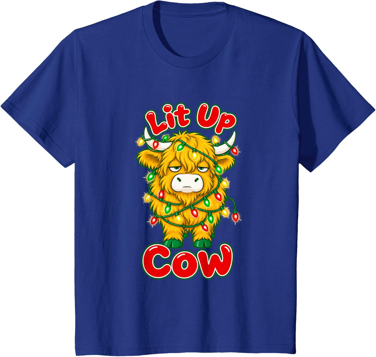 Lit Up Cow Highland Christmas Lights Tired Funny Xmas T-Shirt - Royal Blue