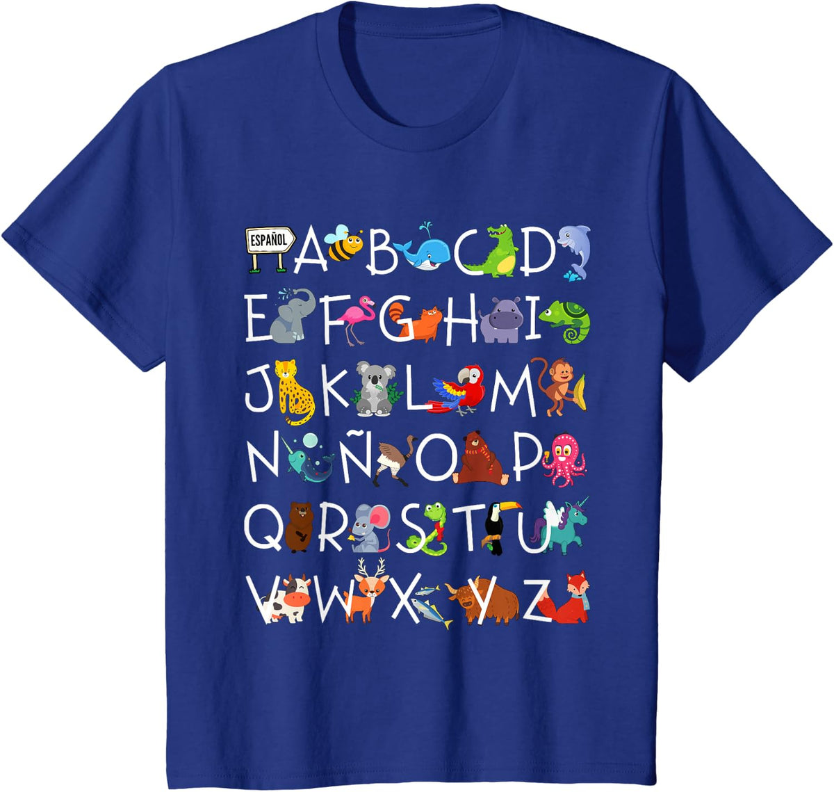 SPANISH ALPHABET SHIRT, Cute Animal Alphabet T-Shirt - Royal Blue
