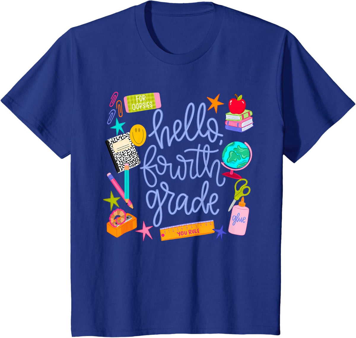 Happy First Day of School Hello Fourth Grade Tee Back to School T-Shirt for Kids Boys Girls - Royal Blue