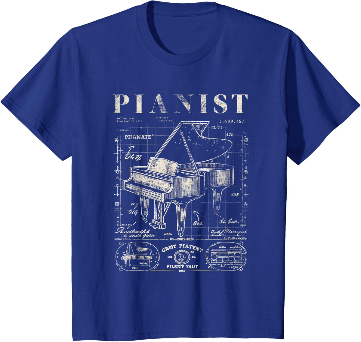 Old Grand Piano Shirt Vintage Patent Drawing Print Pianist T-Shirt - Royal Blue