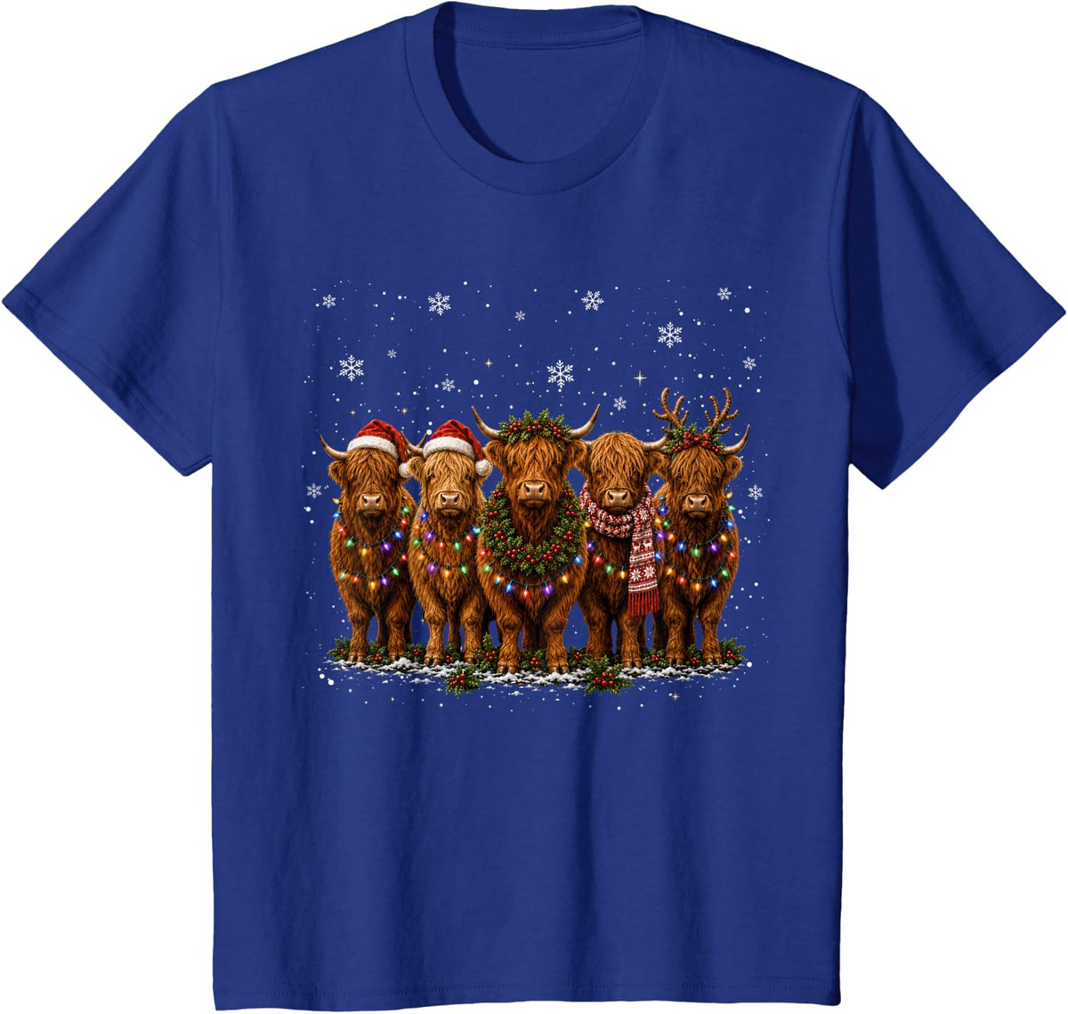 Highland Cow Christmas Lights Santa Hat Xmas Cow Lover Girls T-Shirt - Royal Blue