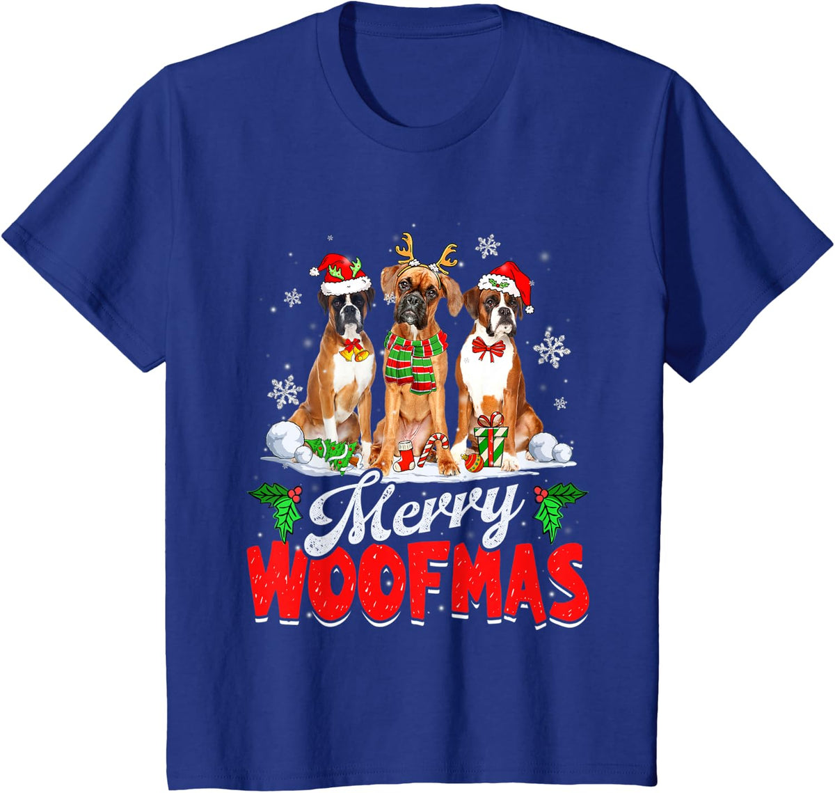 Merry Woofmas Boxer Dog Christmas Dog Lover Xmas T-Shirt - Royal Blue