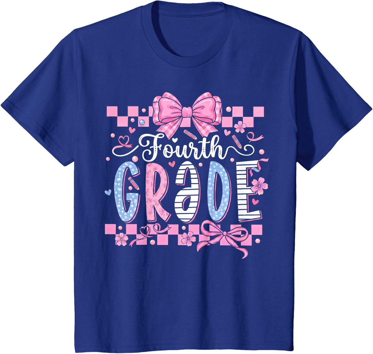 Fourth Grade Coquette Pink Bow Checkered Back to School T-Shirt - Royal Blue
