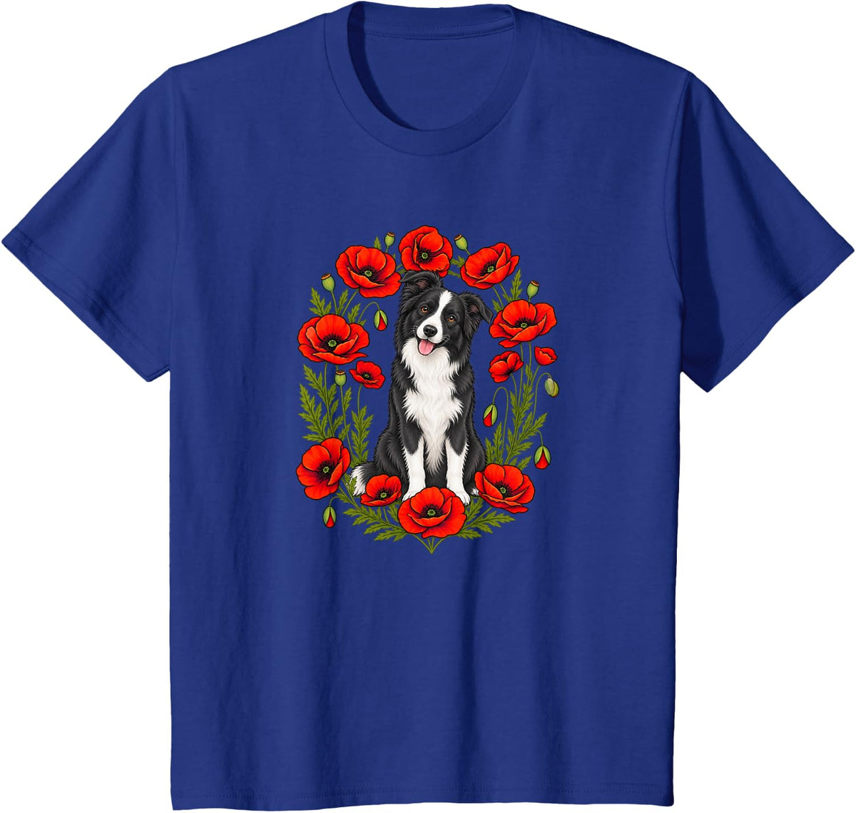 Womens Girls Flower Floral Black & White Border Collie Lover T-Shirt - Royal Blue