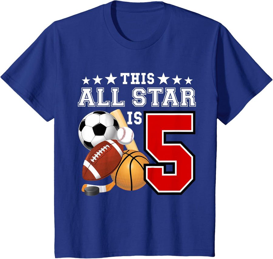 5 Year Old Birthday Shirt Sports Star Party Tee 5th Birthday T-Shirt Gift - Royal Blue