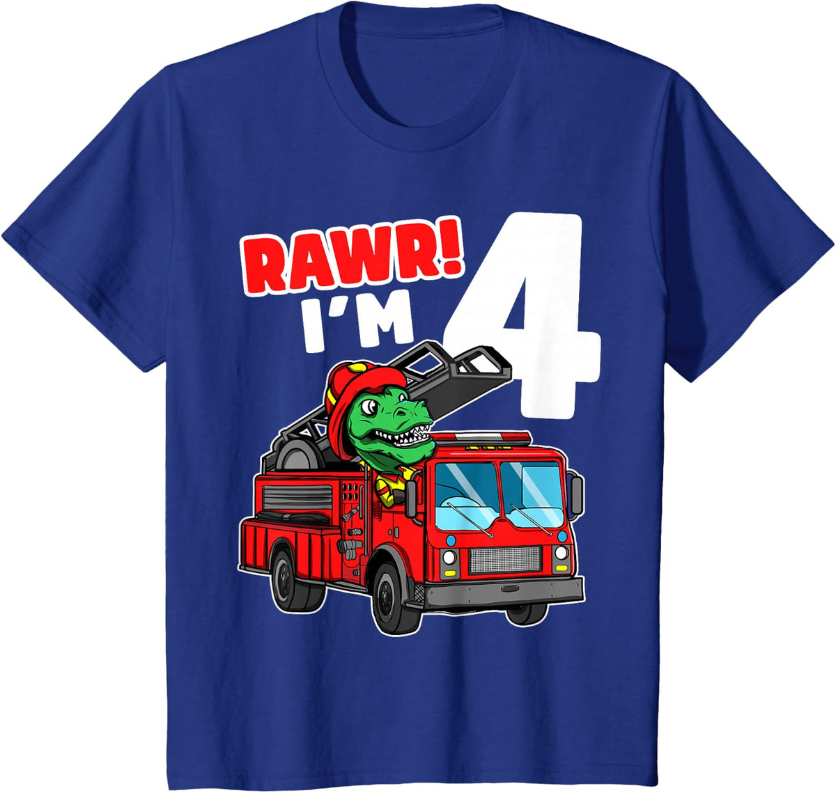 Dinosaur Fire Truck 4th Birthday Boy T-Rex Firefighter Tees T-Shirts For Kids Age 4 - Royal Blue