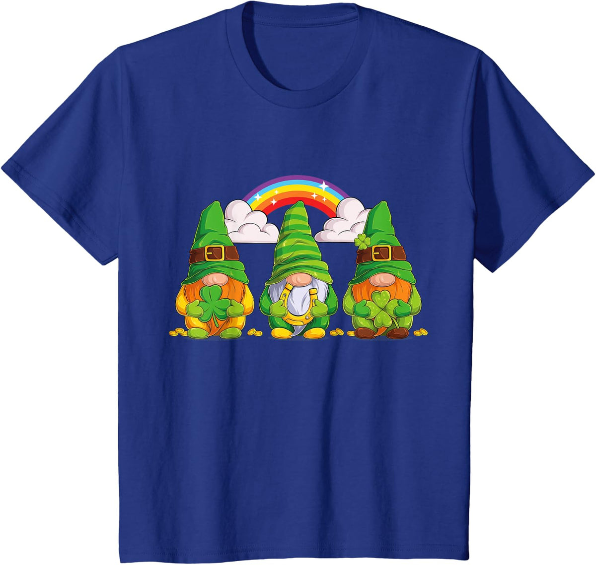 Lucky Gnomes Holding Shamrock Clover and Horseshoe Rainbow T-Shirt - Royal Blue