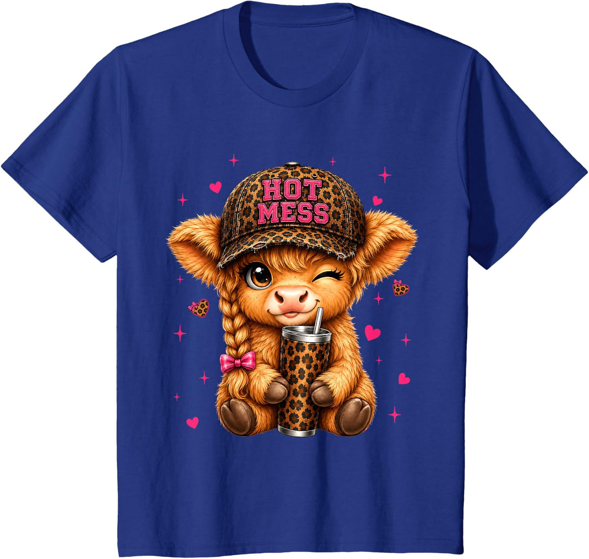 Hot Mess Cute Highland Cow Leopard Women Girl T-Shirt - Royal Blue