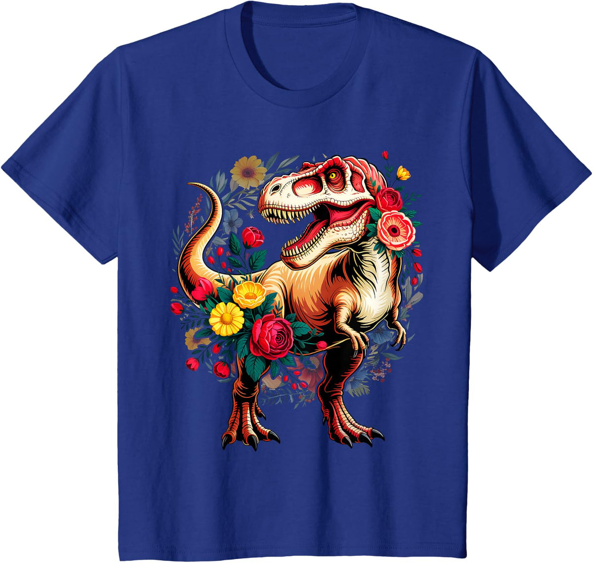 Dinosaur Dino Trex Floral Flower Graphic T-Shirt - Royal Blue
