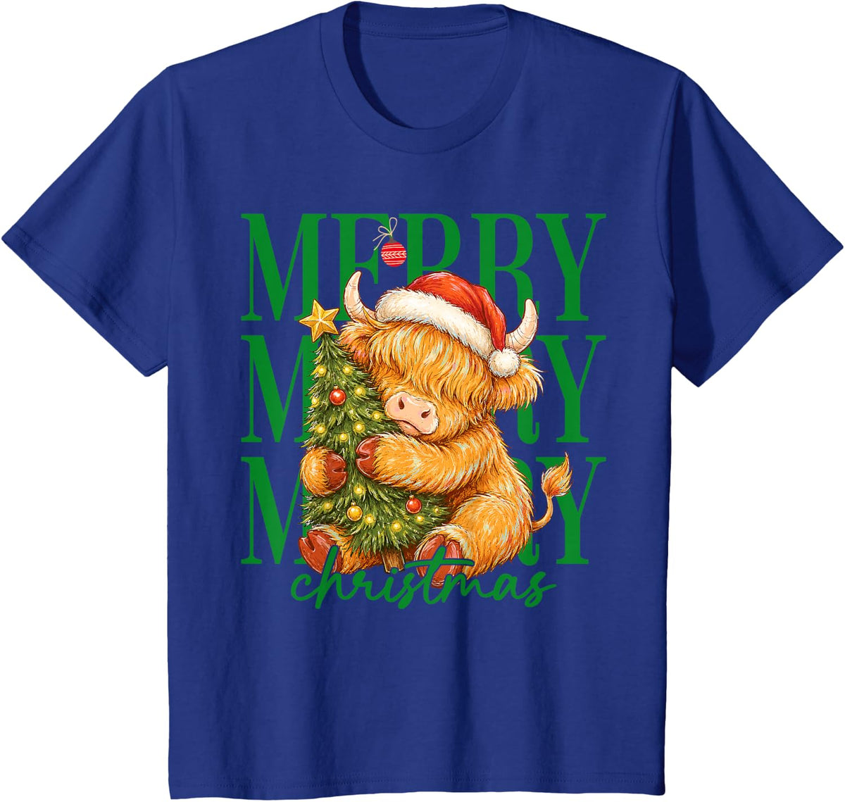 Merry Christmas Cute Highland Cow Xmas Tree Farm Funny T-Shirt - Royal Blue