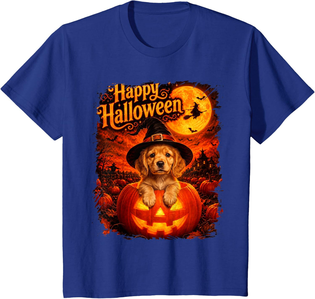 Cute Cocker Spaniel Dog Happy Halloween Night T-Shirt - Royal Blue