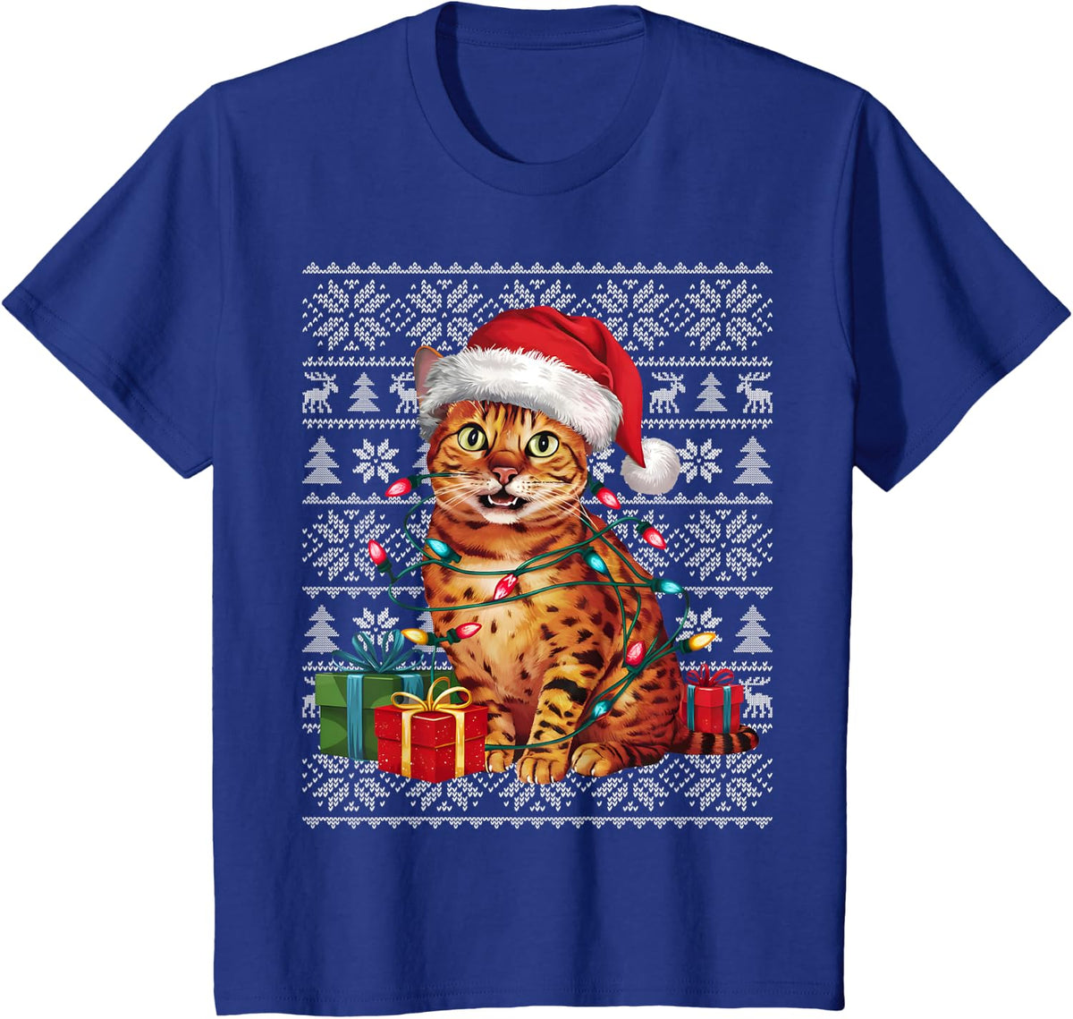 Xmas Sweater Style Ugly Santa Hat Bengal Cat Christmas T-Shirt for Men Women Kids - Royal Blue