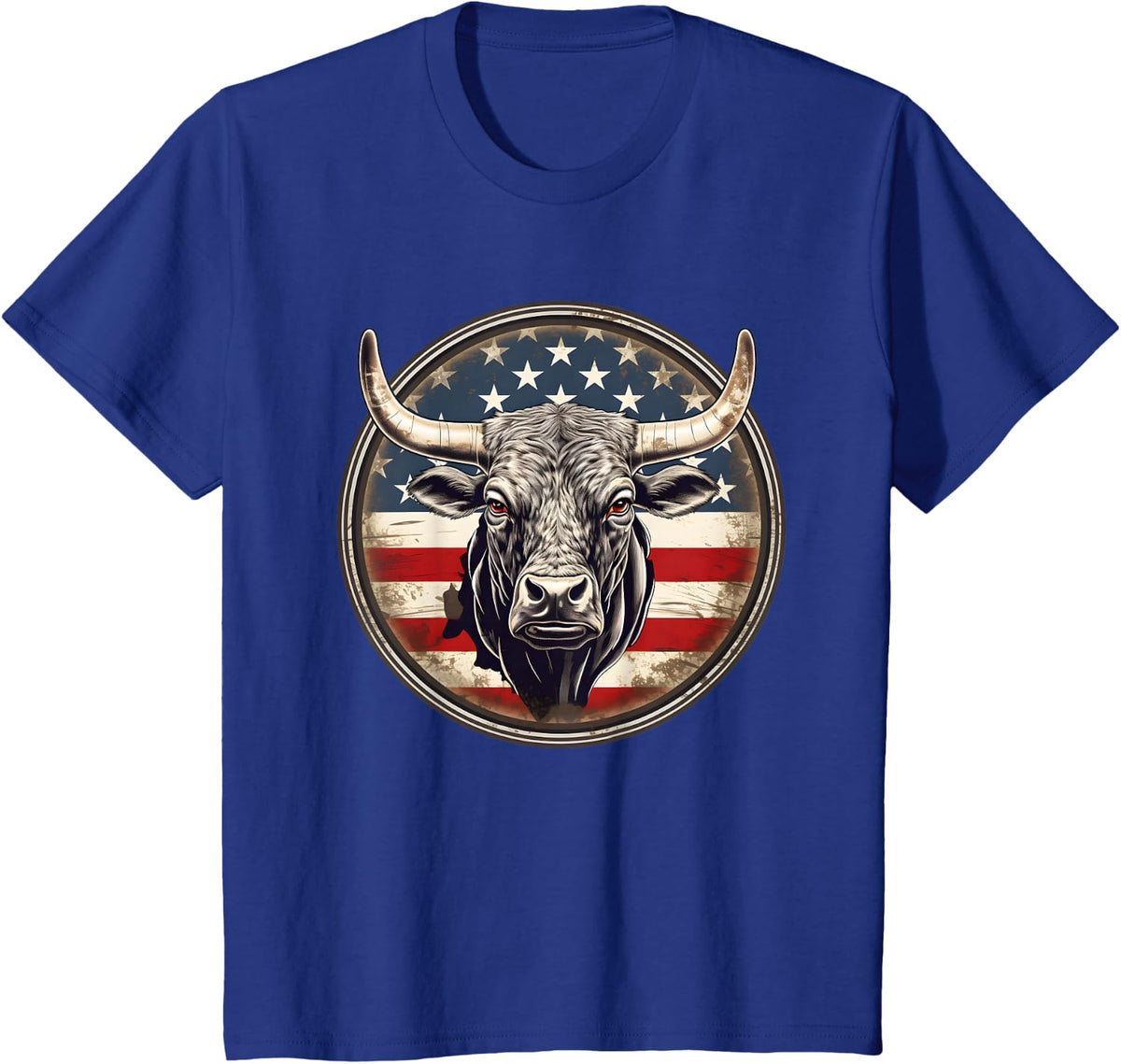 Vintage Bull Patriotic American Flag Rodeo Cowboy Tee T-Shirt For Men Women - Royal Blue