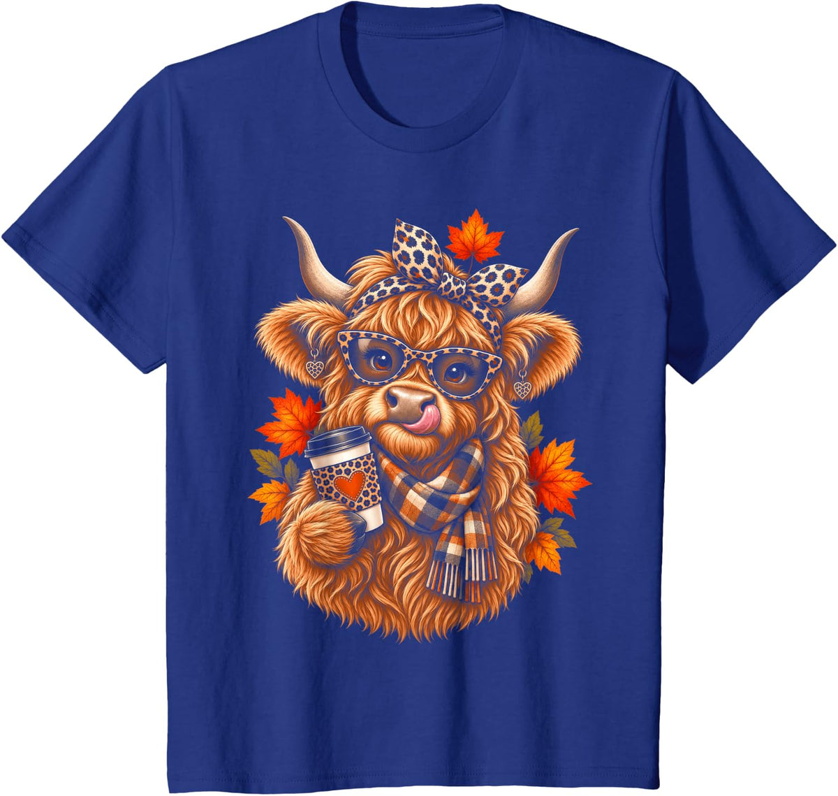 Leopard Bow Highland Cow Fall Autumn Coffee Girls Women T-Shirt - Royal Blue