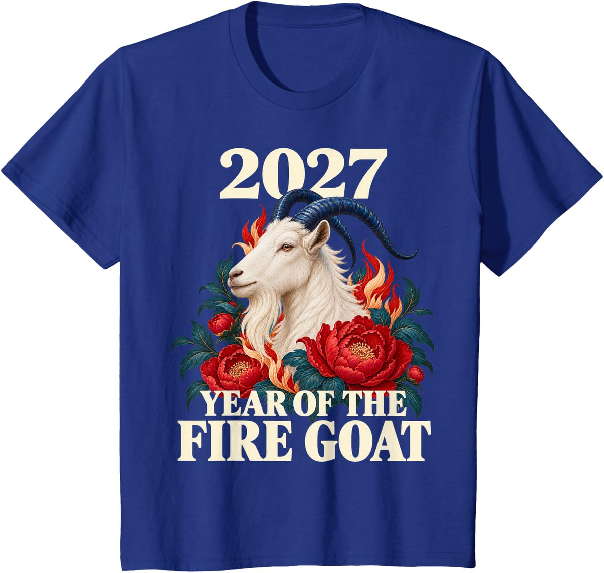 2027 Year of the Fire Goat Chinese Zodiac Floral Art T-Shirt - Royal Blue