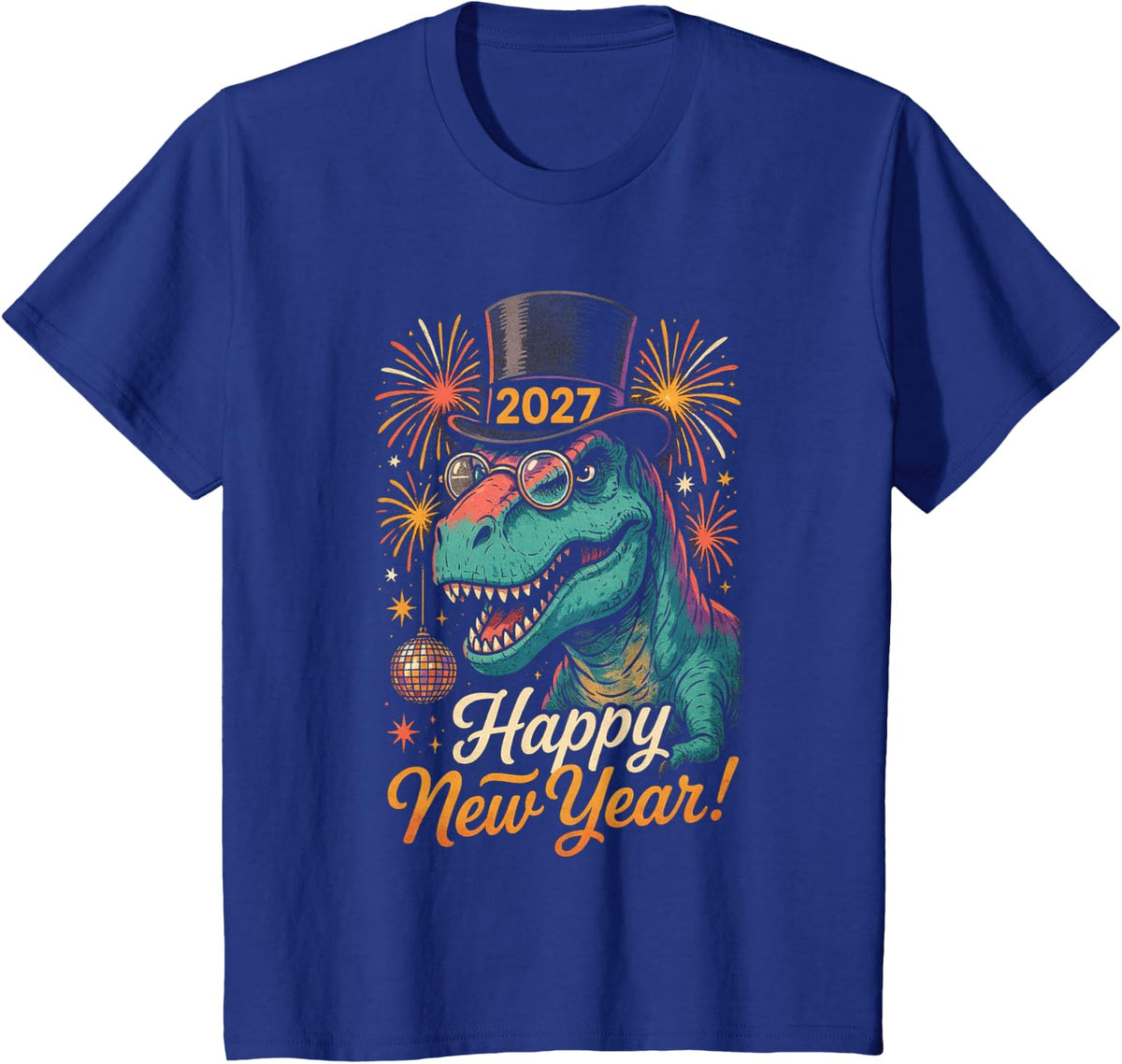 Funny T-Rex Happy New Year 2027 Dinosaur Retro Party T-Shirt - Royal Blue