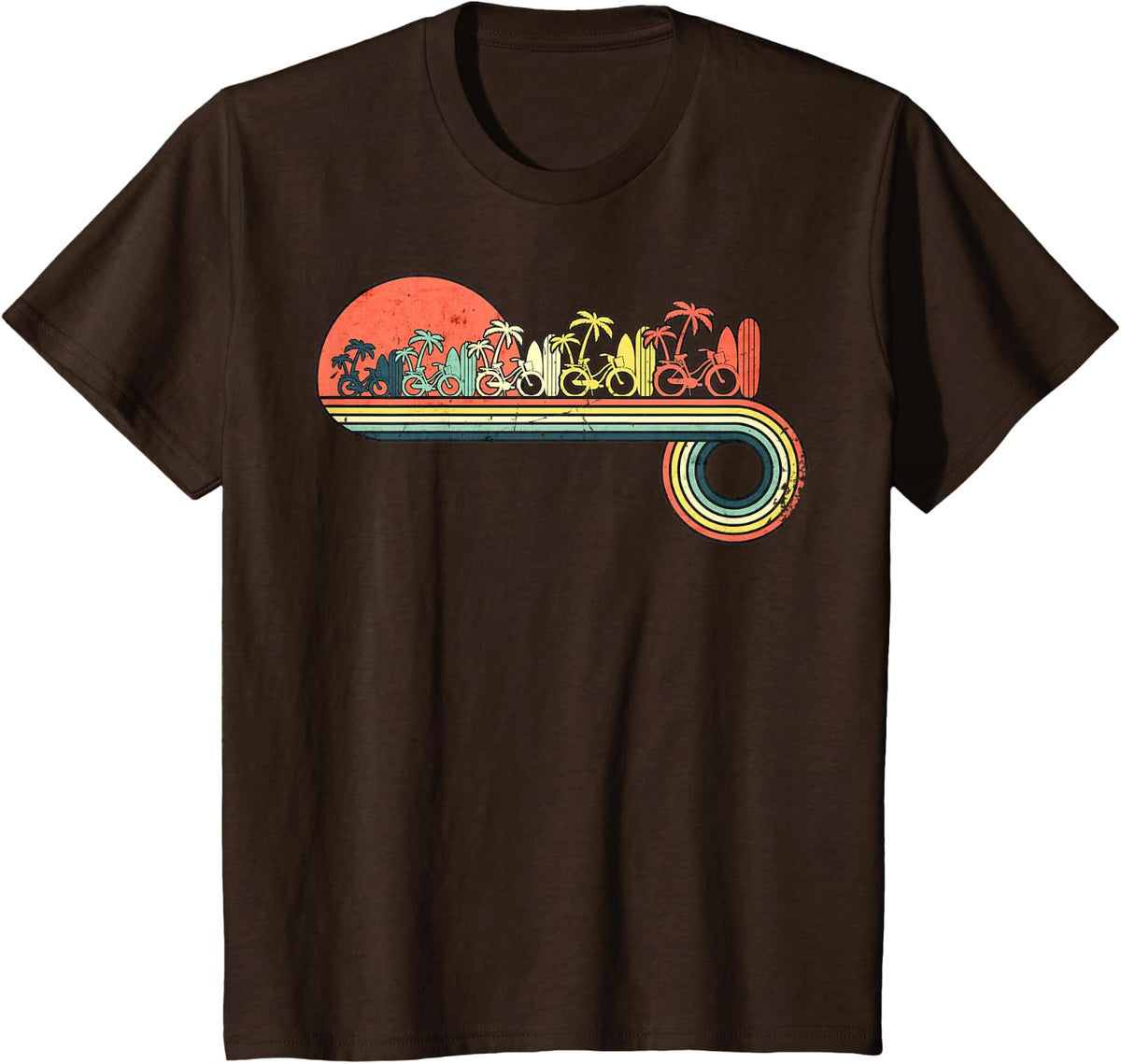 Summer Bike Surf Board Palm Retro Vintage Sunset Rainbow Men Women Kids T-Shirt - Brown