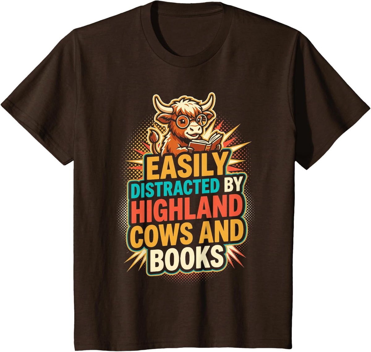 Easily Distracted By Highland Cows and Books Scottish T-Shirt - Brown