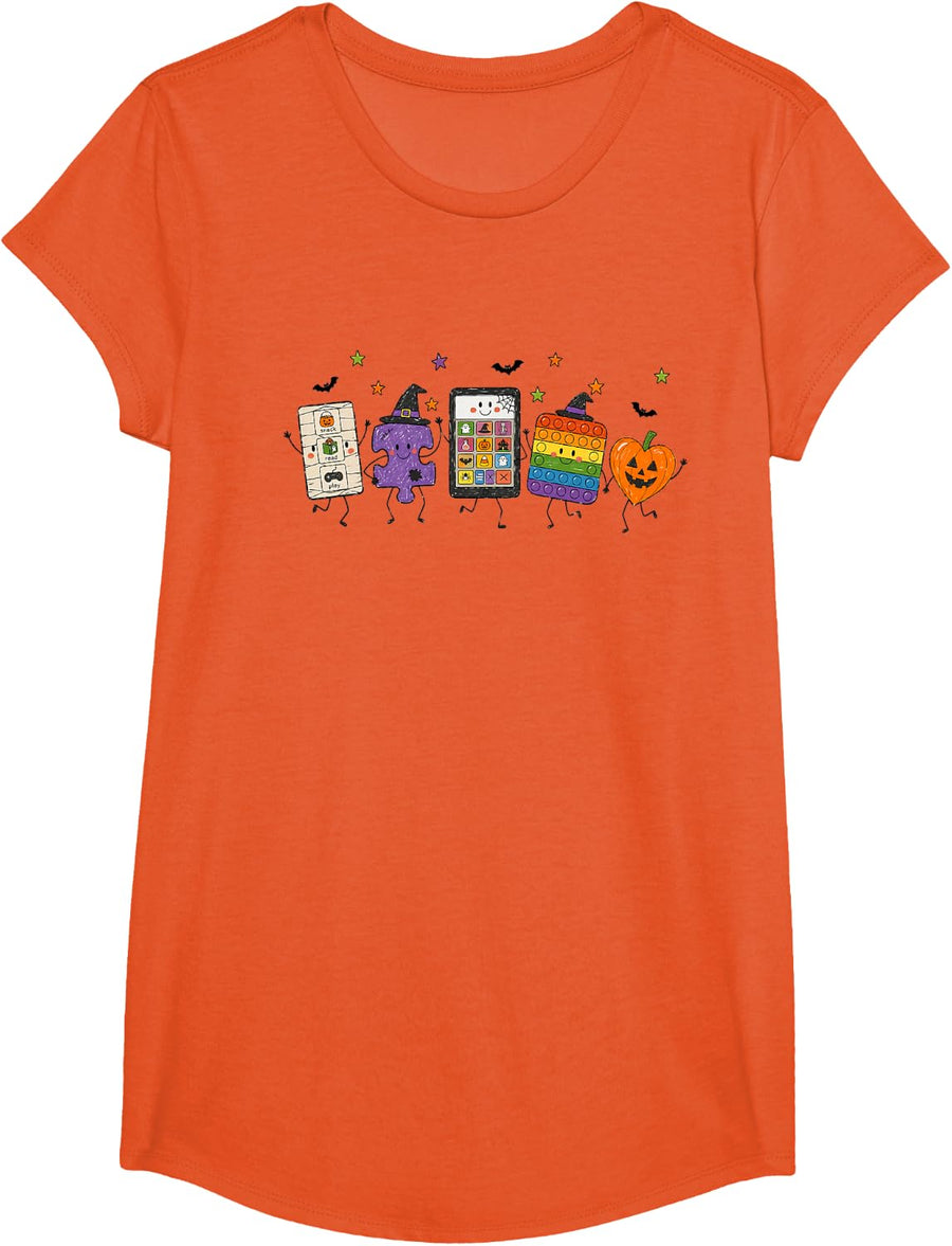 Halloween Autism Support Neurodiversity Spooky Inclusion T-Shirt - Girls Orange