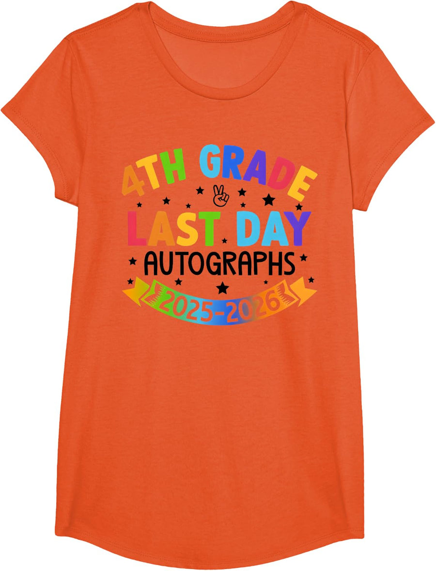 Last Day of School Autographs 2025-2026 4th Grade Graduation T-Shirt - Girls Orange