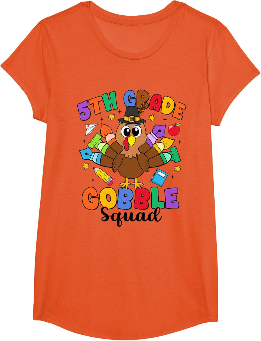 Fifth Grade Gobble Squad Turkey Funny Teacher Thanksgiving T-Shirt - Girls Orange