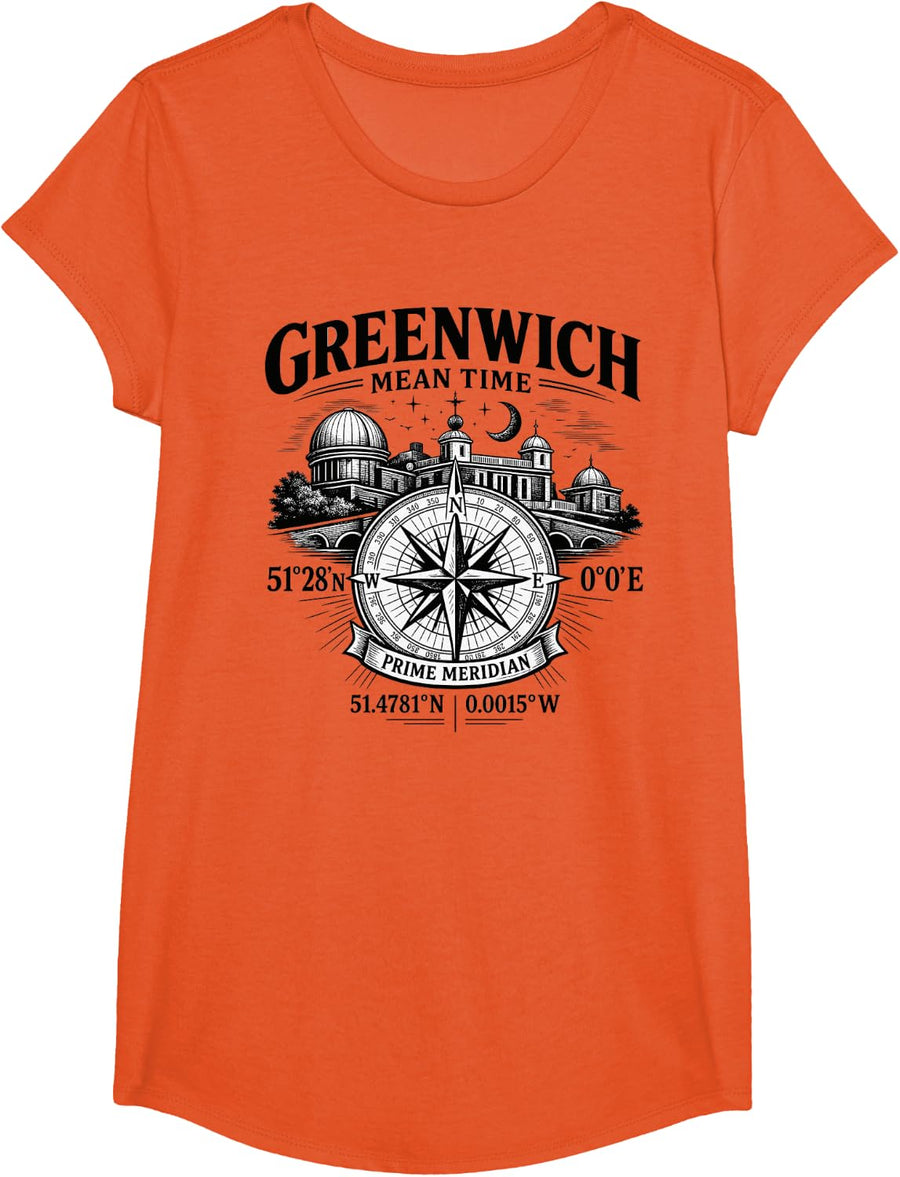 Greenwich of London UK Prime Meridian Observatory Design T-Shirt - Girls Orange