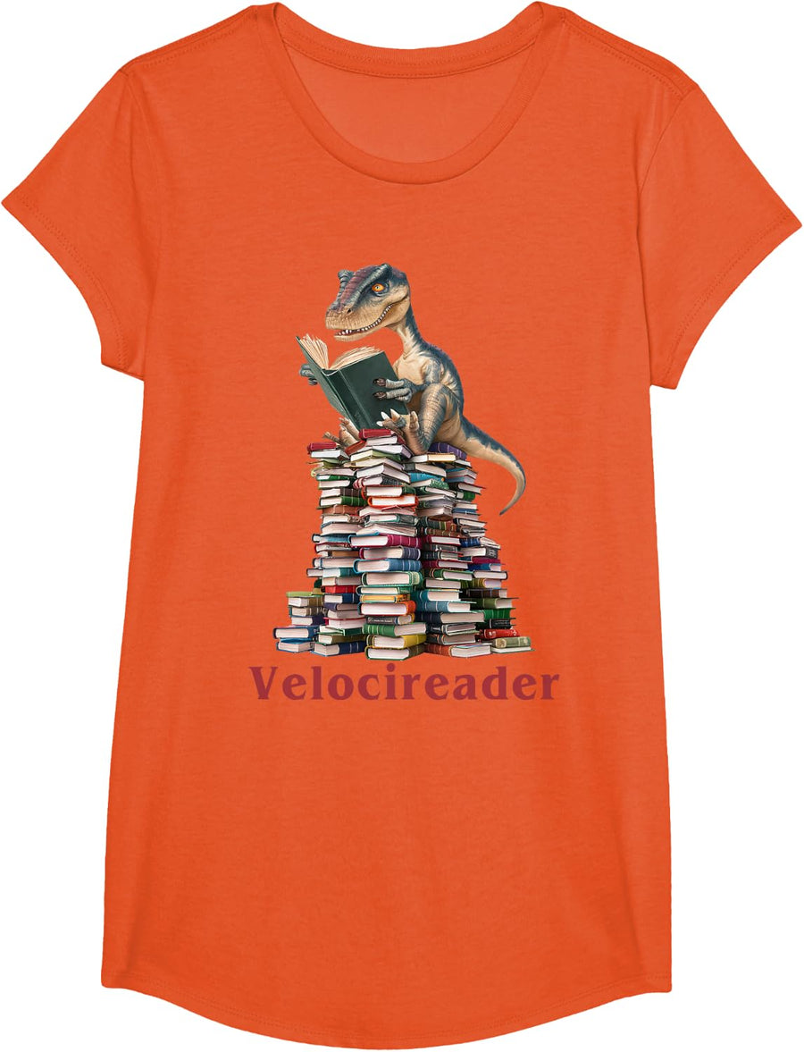 Velocireader Dinosaur Velociraptor T-Shirt Tee for Book Lovers Paleontology Fans - Girls Orange