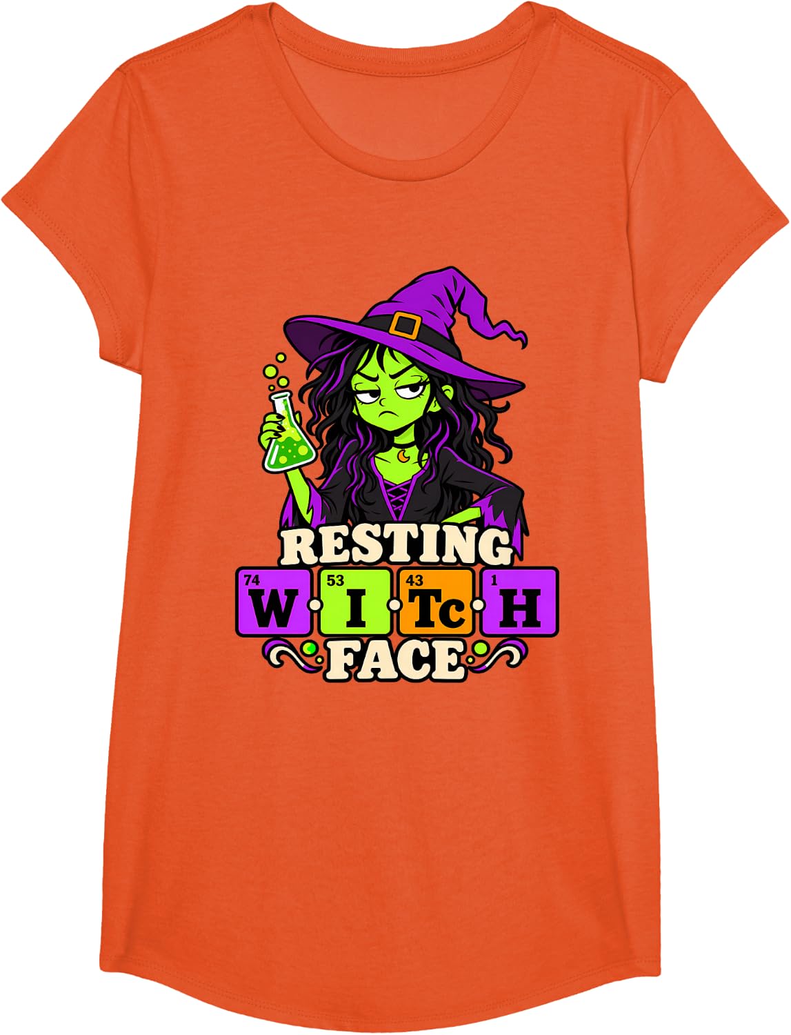 Funny Witch Science Halloween Elements T-Shirt - Girls Orange