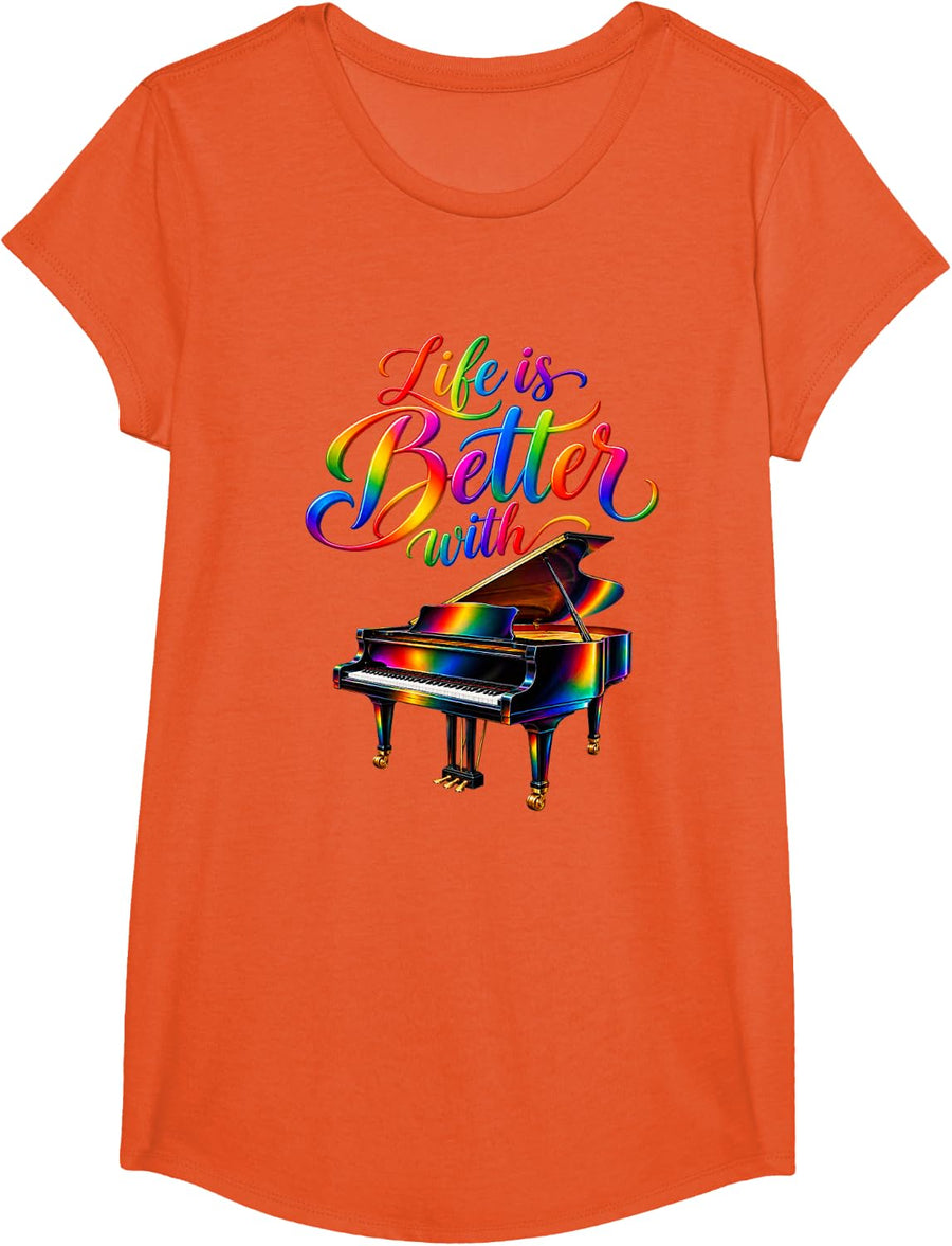 Piano Music Pianist Life is Better with Piano T-Shirt - Girls Orange