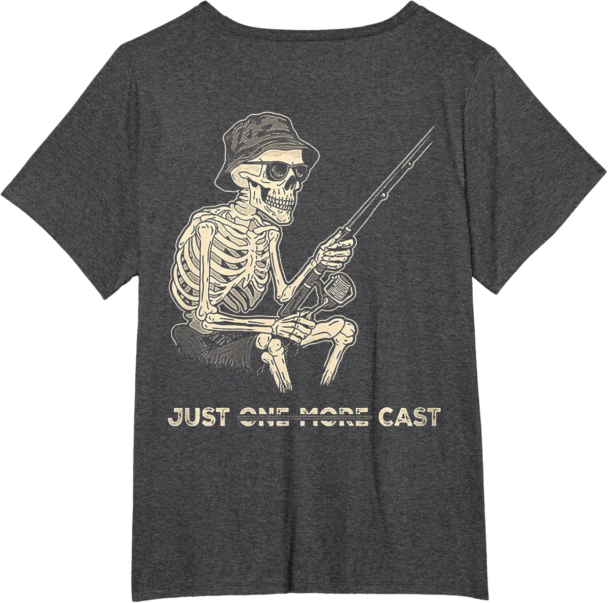 Just One More Cast - Skeleton Fishing (on Back) T-Shirt - Dark Heather Grey