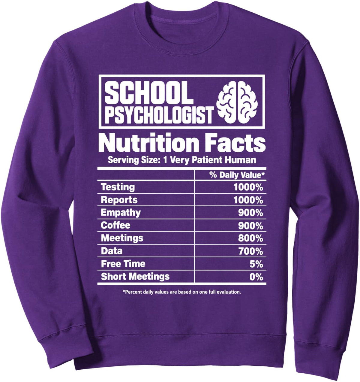 School Psychologist Nutrition Facts Sweatshirt - Adult Unisex Purple