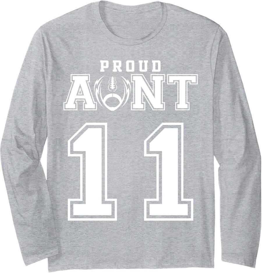 Custom Proud Football Aunt Number 11 Personalized For Women Long Sleeve T-Shirt - Adult Unisex Heather Grey