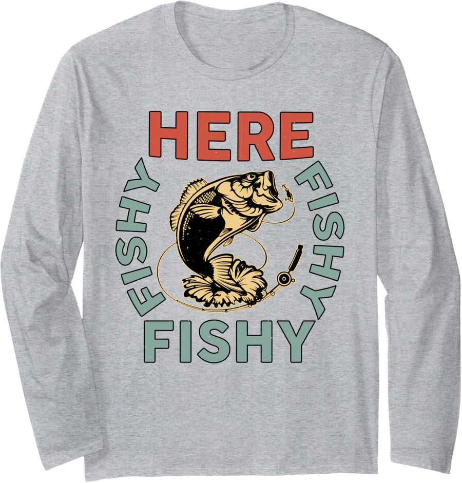 Fishing-Shirt Here-Fishy Fish Dad Women Men Kids Funny Long Sleeve T-Shirt - Adult Unisex Heather Grey