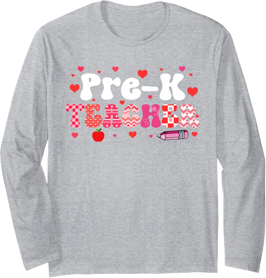 Pre-K Teacher Valentine's Day Hearts Matching Job Team Lover Long Sleeve T-Shirt - Adult Unisex Heather Grey