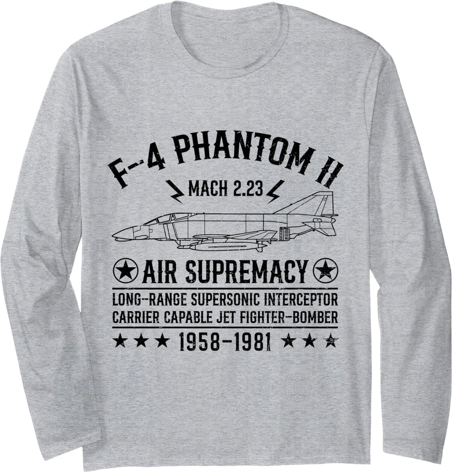 F-4 Phantom II Jet Fighter Air Supremacy US Military Long Sleeve T-Shirt - Adult Unisex Heather Grey