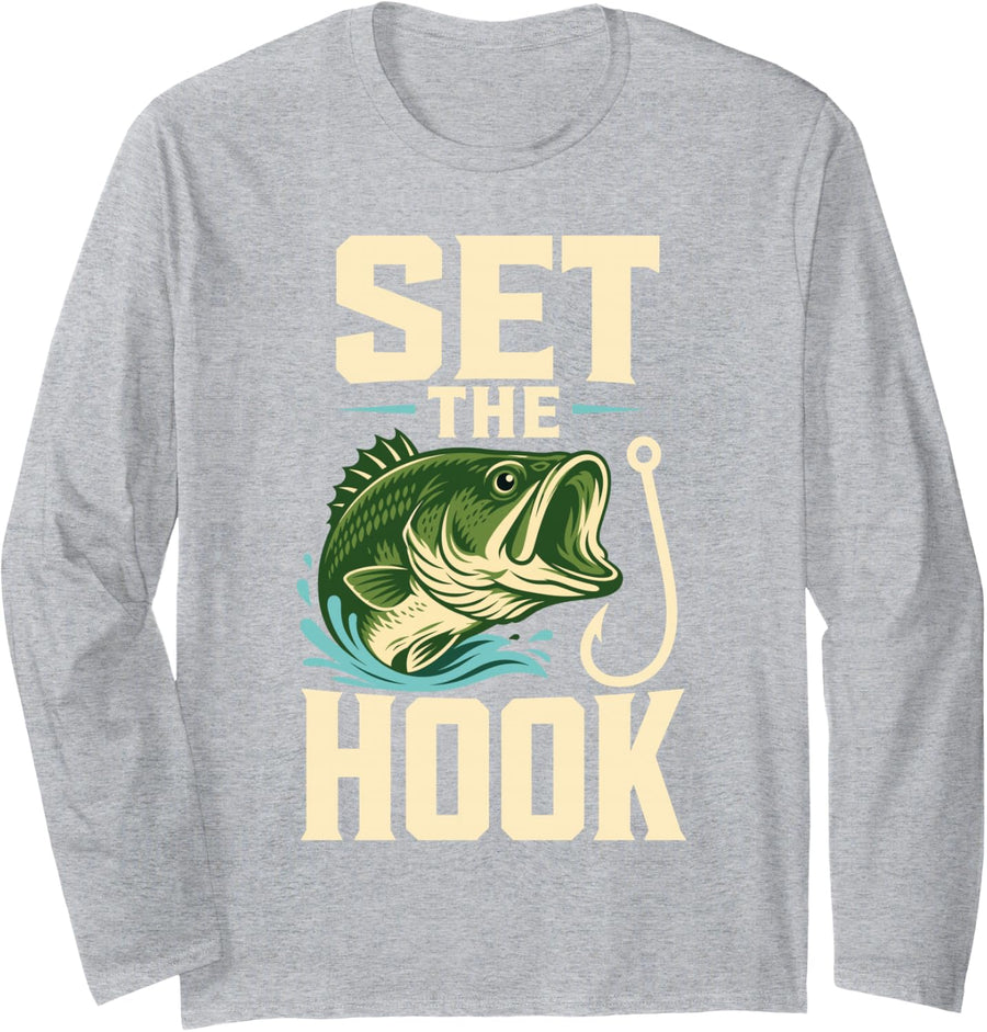 Set Hook Fishing Bass Fisherman Long Sleeve T-Shirt - Adult Unisex Heather Grey