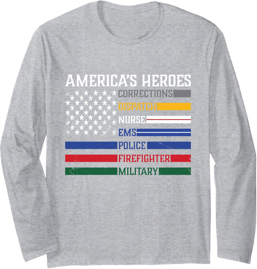 First Responders ,Police, Military, Firefighter, Nurse Long Sleeve T-Shirt - Adult Unisex Heather Grey