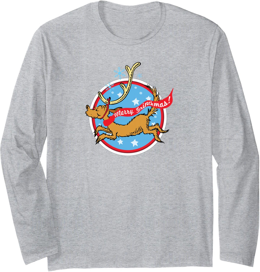 Merry Grinchmas | Dr. Seuss Max Grinch Dog | The Grinch Long Sleeve T-Shirt - Adult Unisex Heather Grey