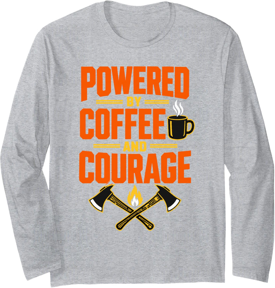 Powered By Coffee and Courage Firefighter Firefighter Axes Long Sleeve T-Shirt - Adult Unisex Heather Grey