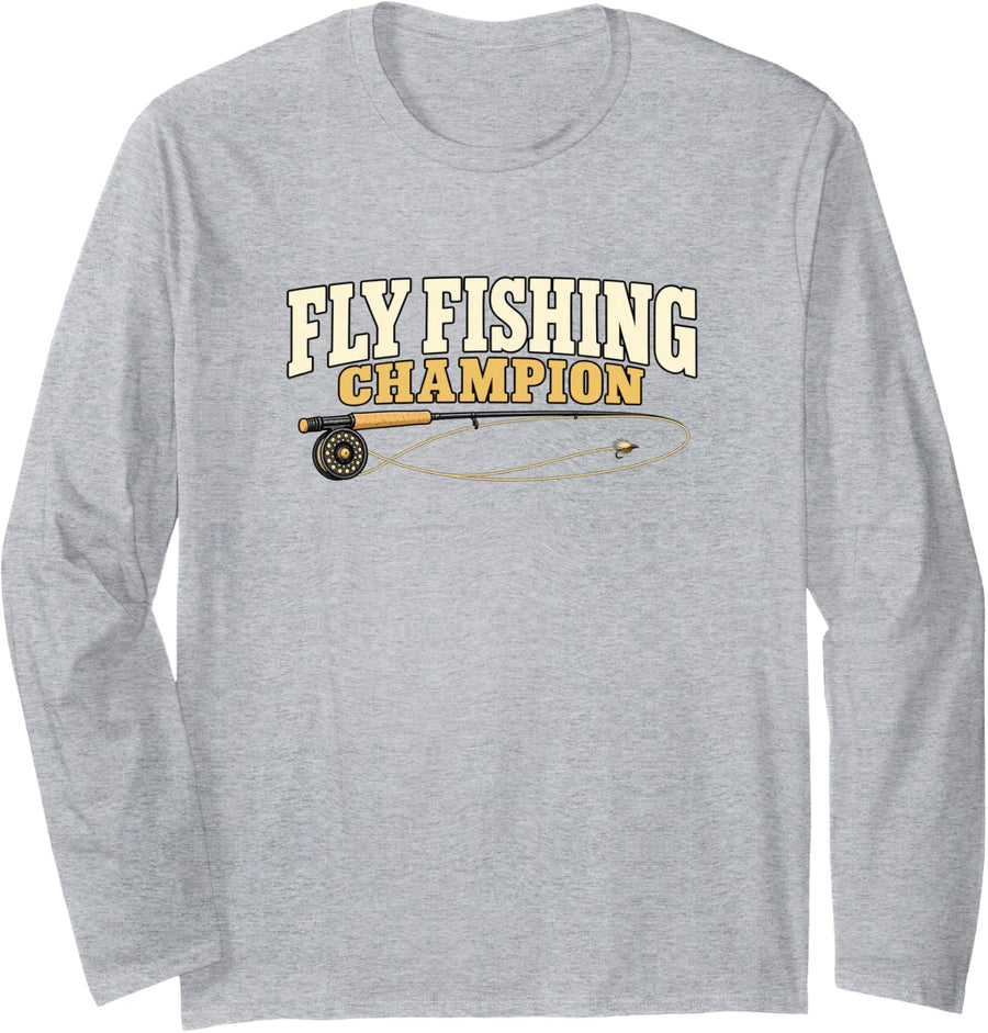 Fly Fishing Champion Funny Angler Rod and Reel Pride Long Sleeve T-Shirt - Adult Unisex Heather Grey