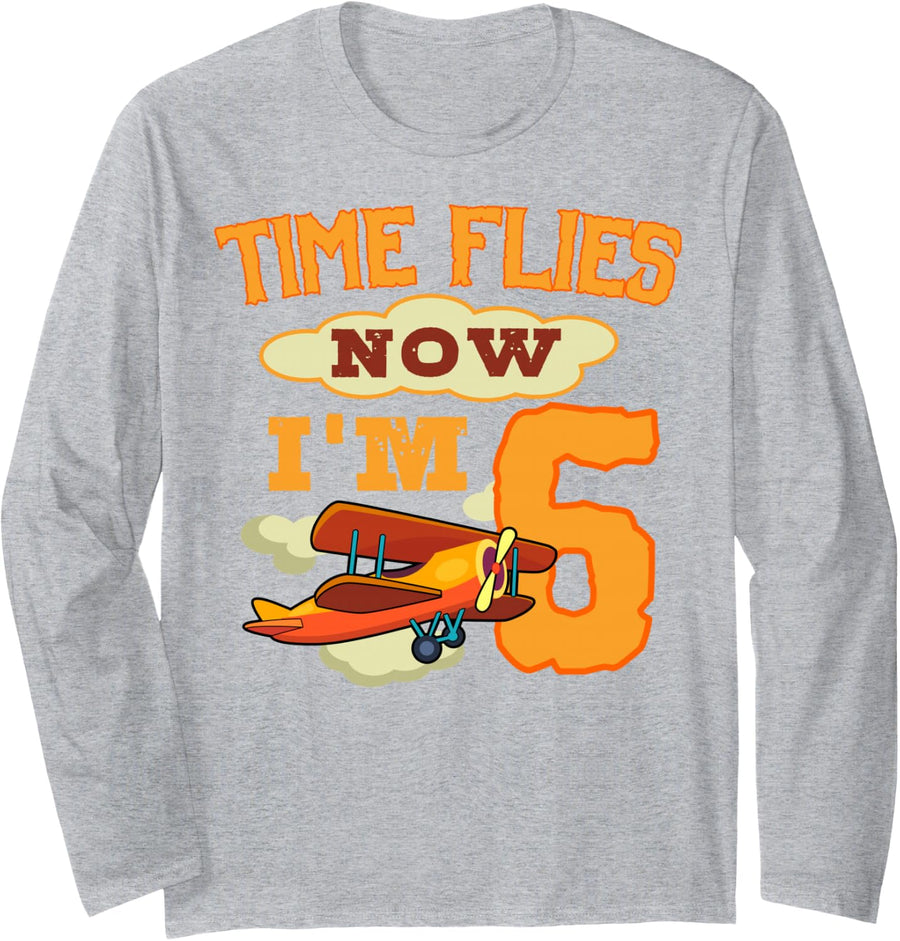 Pilot 5th Birthday Party Aviator Airplane Flight Mechanic Long Sleeve T-Shirt - Adult Unisex Heather Grey