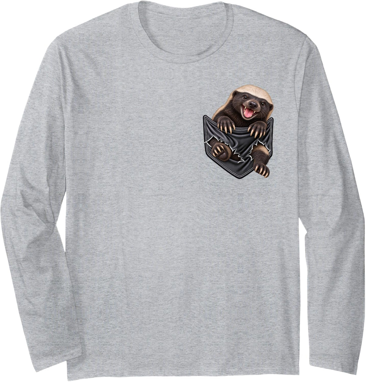 Funny Honey Badger Pocket for Men and Women Cute Animal Long Sleeve T-Shirt - Adult Unisex Heather Grey