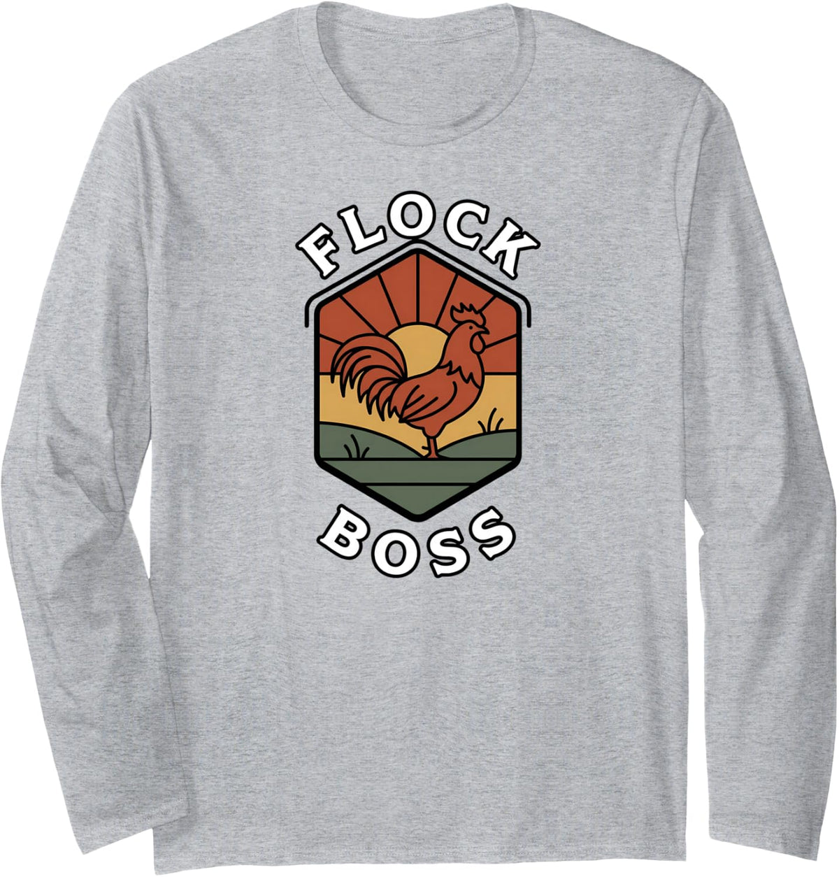 Flock Boss Rooster Backyard Chicken Farmer Retro Badge Long Sleeve T-Shirt - Adult Unisex Heather Grey