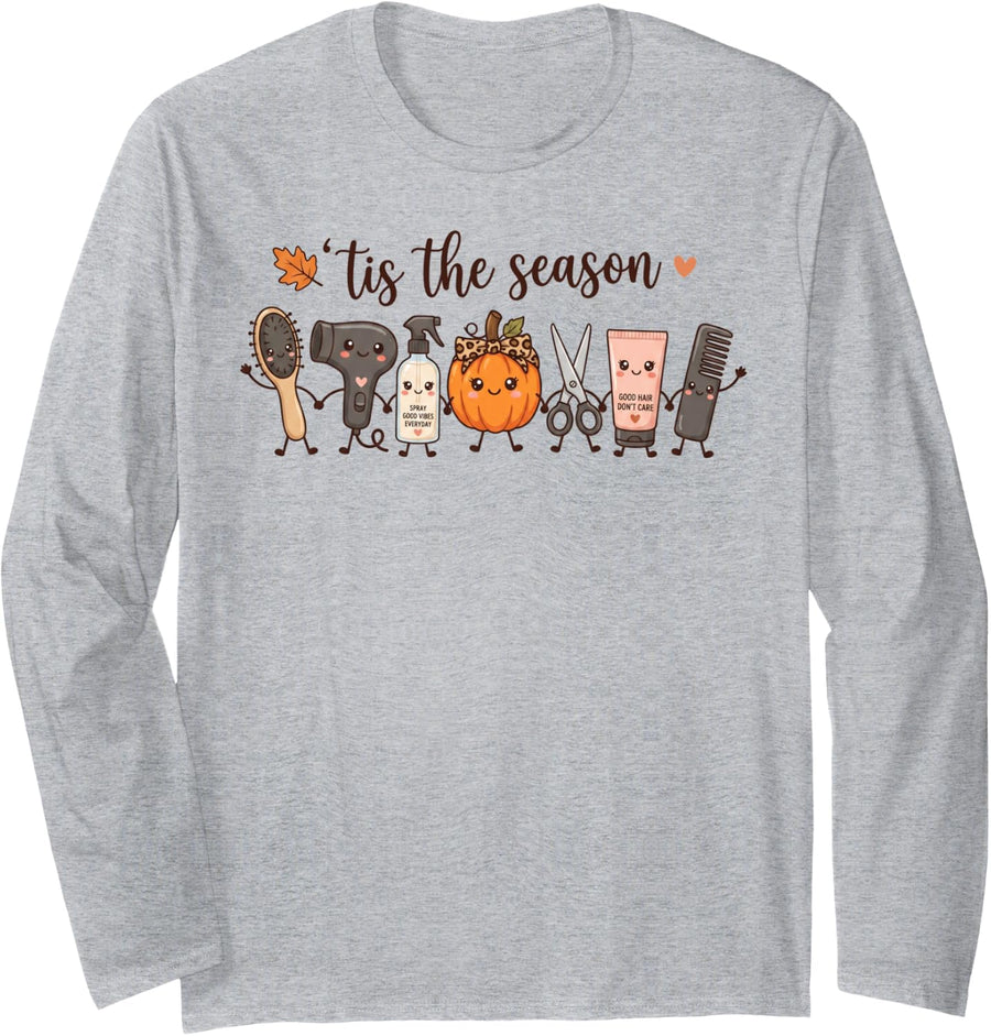 Tis The Season Hair Stylist Fall Pumpkin Barber Hairdresser Long Sleeve T-Shirt - Adult Unisex Heather Grey