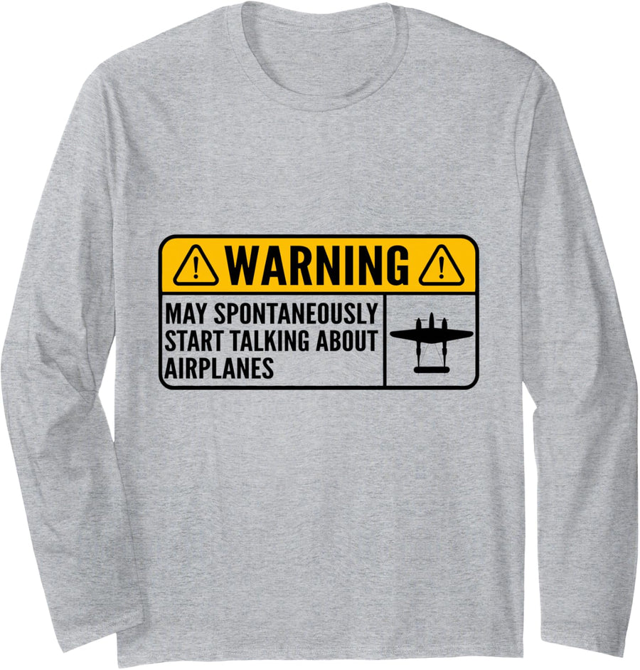 Warning May Spontaneously Talk About P-38 Lightning Plane Long Sleeve T-Shirt - Adult Unisex Heather Grey