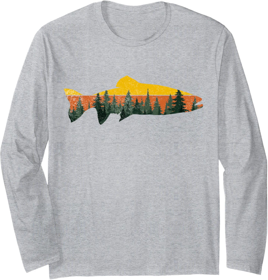 Trout Fly Fishing Outdoor Forest Nature Wildlife Fisherman Long Sleeve T-Shirt - Adult Unisex Heather Grey